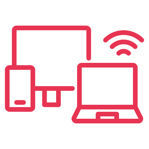 Linienzeichnung von Smartphone, Desktopmonitor, Laptop und WLAN-Symbol.
