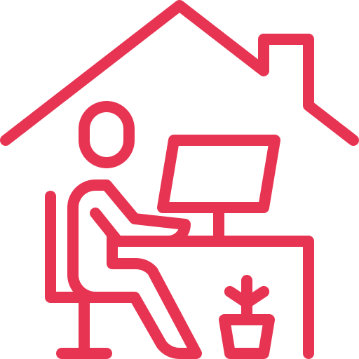 Linienzeichnung einer Person am Schreibtisch mit Computer in einem Haus.