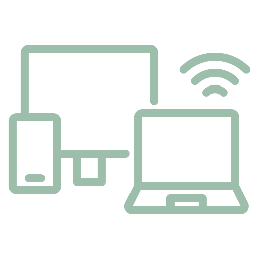 Linienzeichnung von Smartphone, Desktopmonitor, Laptop und WLAN-Symbol.
