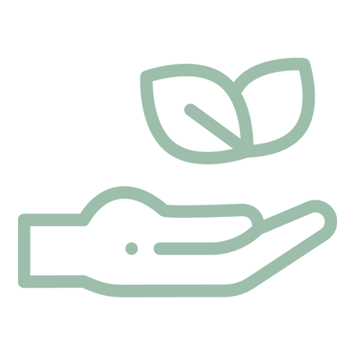 Linienzeichnung einer Hand mit zwei Blättern darüber.