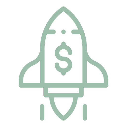 Linienzeichnung einer Rakete mit Dollarzeichen auf dem Rumpf.