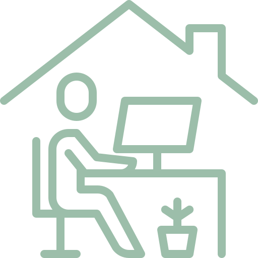 Linienzeichnung einer Person am Schreibtisch mit Computer in einem Haus.