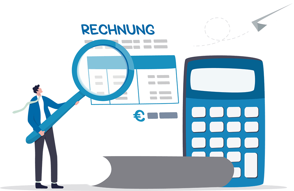 Illustration einer Person, die mit einer riesigen Lupe eine überdimensionale Rechnung prüft. Daneben steht ein ebenfalls übergroßer Taschenrechner.