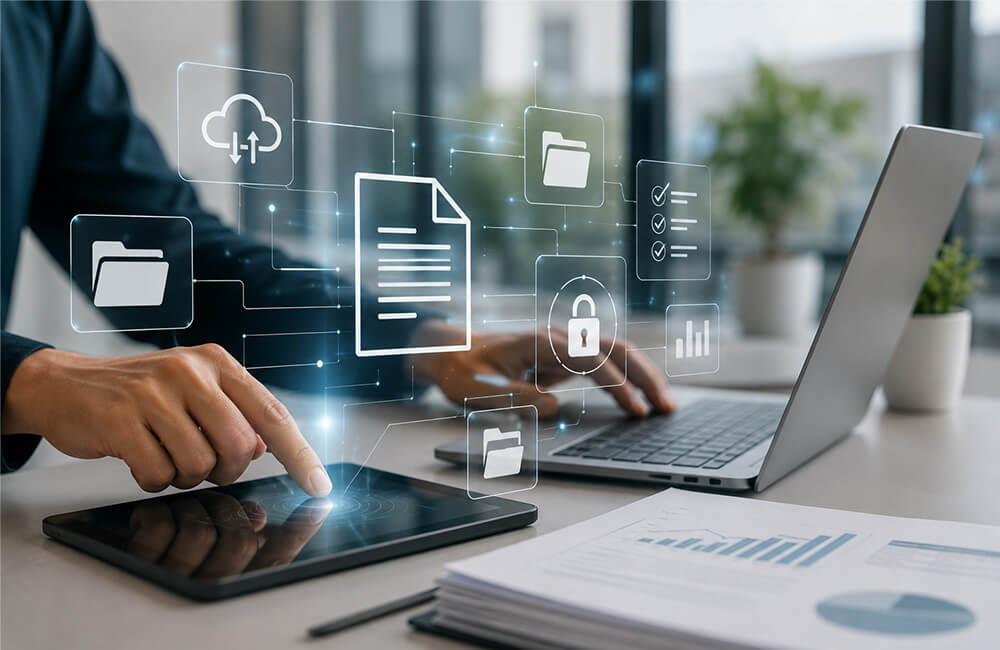 Hand tippt auf Tablet vor Laptop mit schwebenden Symbolen für Cloud, Ordner, Dokument, Schloss und Diagramm.
