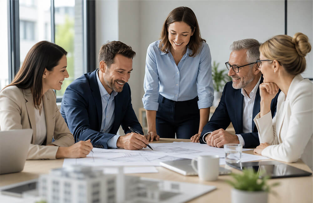 Fünf Personen in Businesskleidung diskutieren um einen Tisch mit Bauplänen und einem Architekturmodell in einem modernen Büro.